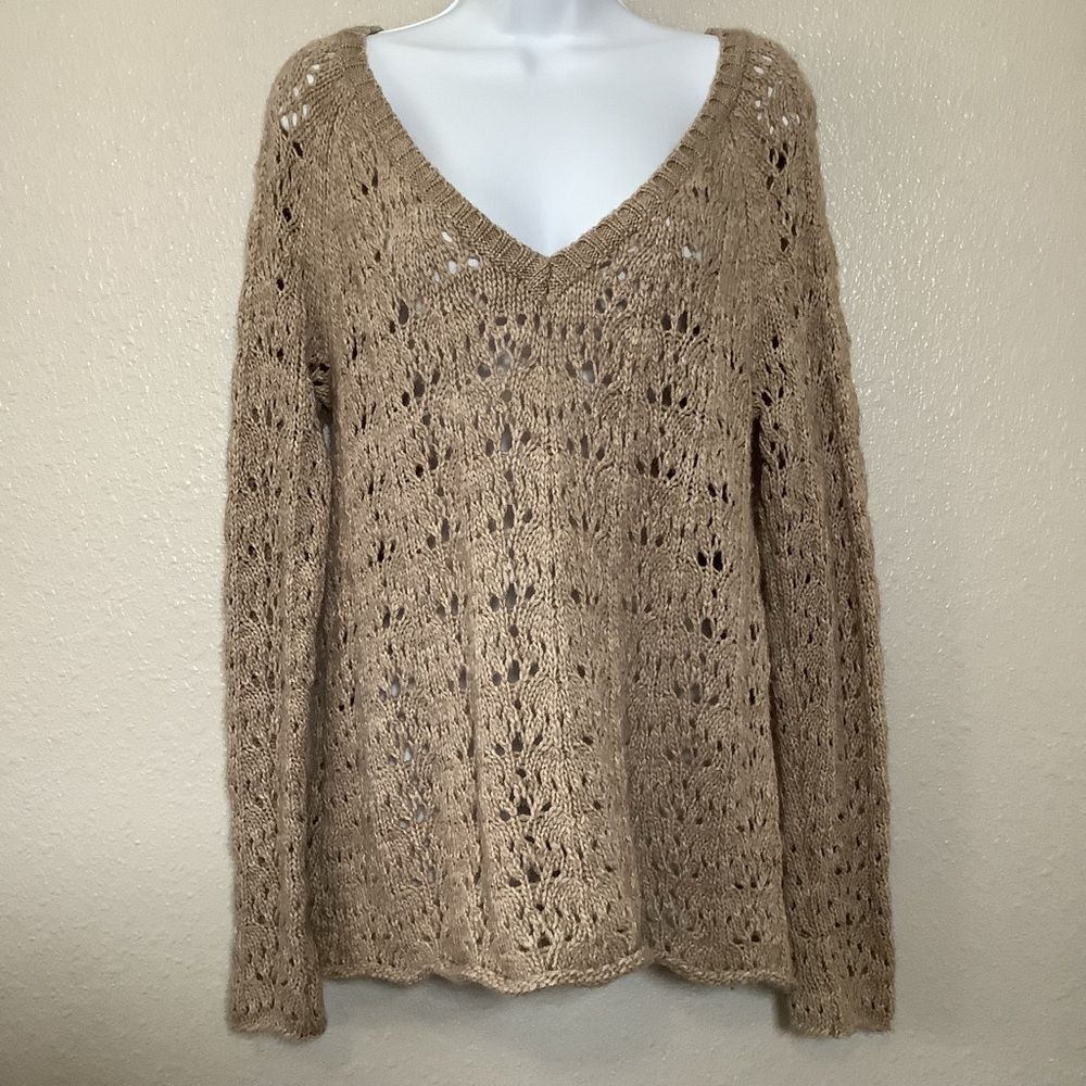 American Eagle Tan Open Wool Blend Knit Boho Earthy Open Knit Sweater‎ L Neutral